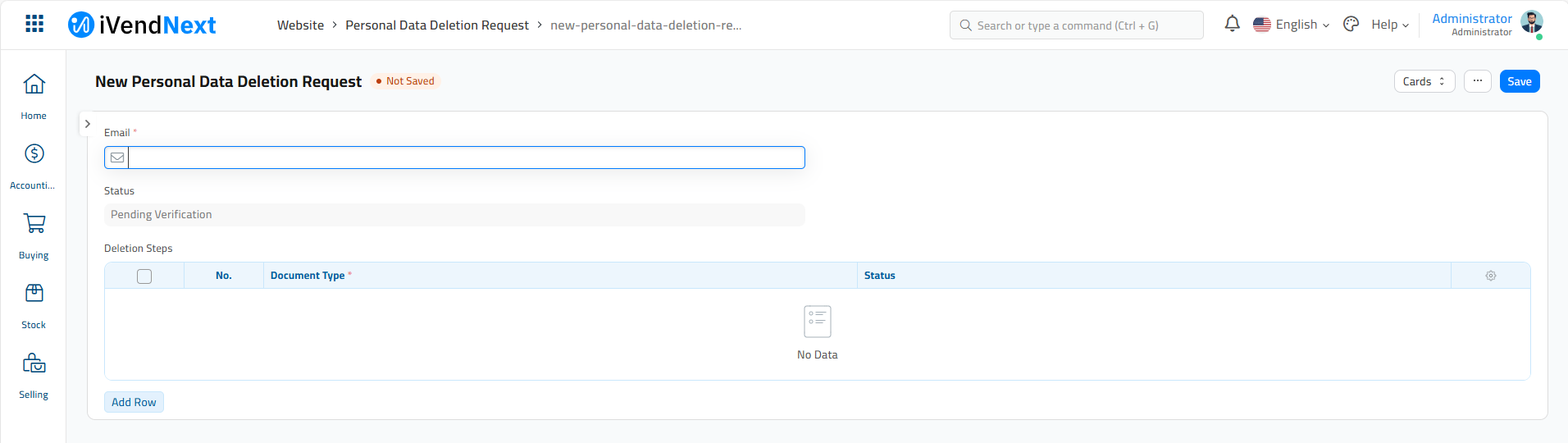 New Personal Data Deletion Request